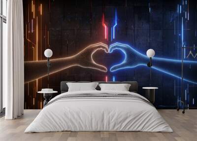 A digital illustration of two hands forming heart shape, surrounded by vibrant holographic lights in orange and blue. This artwork conveys sense of connection and love in futuristic setting Wall mural