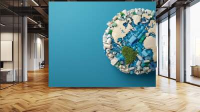 A globe made of trash and plastic is shown on a blue background Wall mural