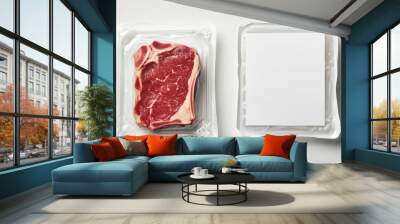 A mockup of two empty plastic meat packages featuring raw steak on one side and blank label on other, ideal for showcasing product designs or branding Wall mural