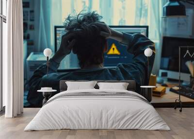 A person is sitting at a desk with a computer monitor in front of them Wall mural