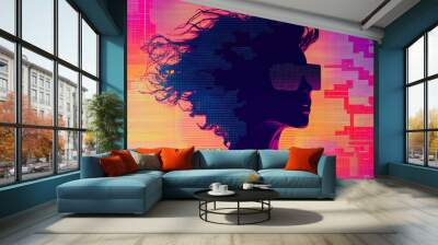 A vibrant silhouette of person with Y2K inspired hairstyle, wearing oversized sunglasses, set against colorful digital background. image evokes sense of nostalgia and futuristic style Wall mural