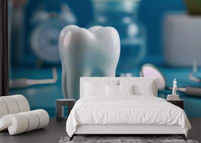 A white tooth is on a blue table with dental tools Wall mural