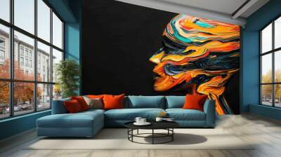 An abstract silhouette of human head filled with vibrant colors and swirling patterns, showcasing artistic expression and creativity. striking design captivates viewers imagination Wall mural