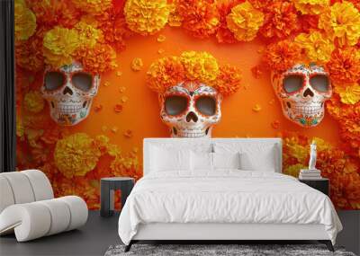 Colorful marigold flowers surround decorative skulls, symbolizing Day of Dead celebration. This vibrant arrangement captures essence of tradition and remembrance Wall mural