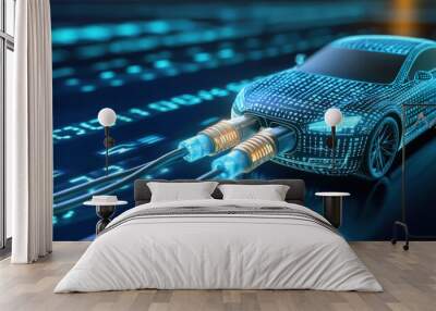 Digital blue background featuring futuristic car charging with data cables, symbolizing advanced technology and electric vehicles. scene conveys innovation and connectivity Wall mural