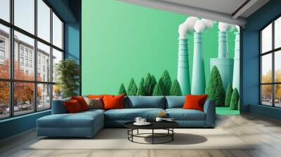 image depicts stylized industrial scene with smokestacks emitting white smoke against vibrant green background, surrounded by lush green trees, symbolizing balance between industry and nature Wall mural