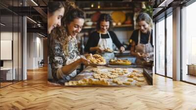 Joyful friends baking Thanksgiving pies together in cozy kitchen, sharing laughter and delicious moments. atmosphere is filled with warmth and creativity as they prepare festive treats Wall mural