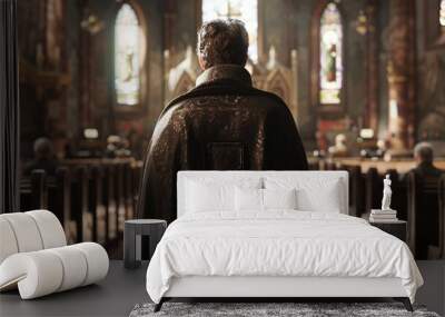 Man in a Church with a Stained Glass Window Wall mural