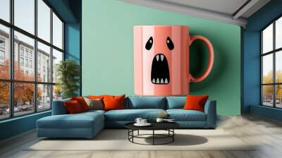 pink coffee mug with scared face design, featuring black liquid inside, adds playful touch to your kitchen decor. Perfect for coffee lovers! Wall mural