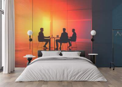 Silhouettes of professionals in minimalist office setting create striking visual. warm colors and modern design evoke sense of collaboration and innovation Wall mural