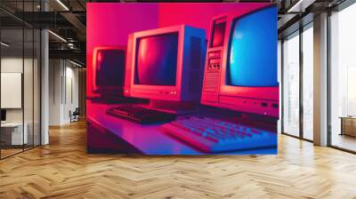 vibrant scene showcasing early 2000s computers with colorful lighting, creating nostalgic atmosphere. retro monitors and keyboards evoke memories of past era in technology Wall mural