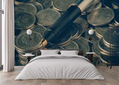 money concept coins and pen with filter effect retro vintage sty Wall mural