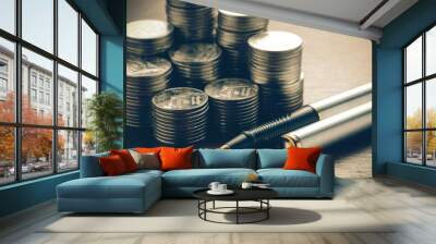 money concept coins and pen with filter effect retro vintage sty Wall mural