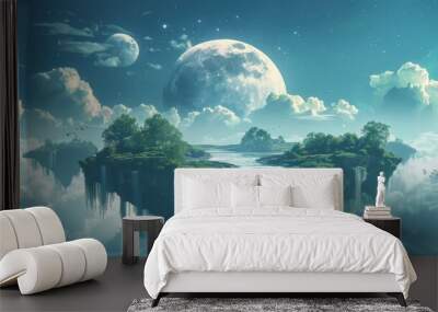 A breathtaking celestial landscape features floating islands with waterfalls, lush greenery, and a surreal starry sky with a large moon, ideal for fantasy, science fiction, and dream-like settings, Wall mural