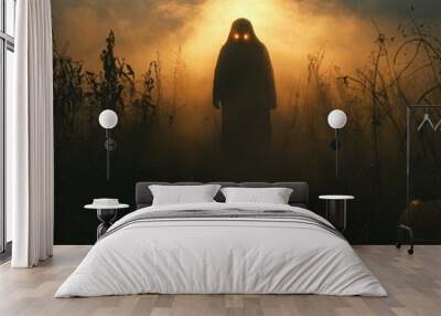 A mysterious figure with glowing eyes stands in a foggy pumpkin field at dusk, evoking an eerie Halloween atmosphere perfect for themes of horror, mystery, and supernatural events, Wall mural