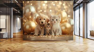 Adorable puppy and two kittens sit together amidst golden balloons and sparkles, perfect for celebrating events, pet-themed promotions, or cheerful greetings, Wall mural