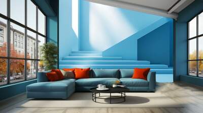 Bright, minimalistic blue stairs with sunlight creating strong shadows, ideal for concepts of architecture, modern interior design, simplicity, or progress, Perfect for web design, social media Wall mural