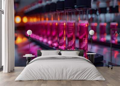 Close-up of test tubes with pink liquid in a laboratory setting, showcasing scientific research and experimentation in a modern lab. Wall mural