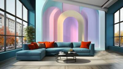 Pastel-colored arch and cylindrical podiums can be used for product displays, advertisements, or backgrounds it exudes modern design and aesthetics with a serene ambiance, Wall mural