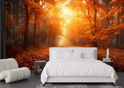 Scenic autumn forest with golden leaves, a sunlit pathway, and a tranquil atmosphere capturing the essence of fall season beauty. Wall mural