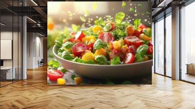 Vibrant salad overflowing with fresh greens, cherry tomatoes, and colorful toppings captures the essence of healthy eating, Ideal for culinary blogs, health magazines, or food delivery services, Wall mural