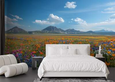 Vibrant wildflower meadow with colorful blossoms under a bright blue sky and scattered clouds, surrounded by majestic mountain scenery. Wall mural