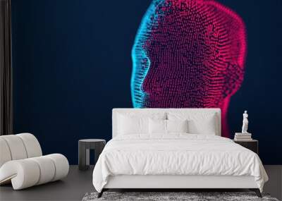 A digital, illuminated representation of a human face, created with intricate lines of glowing particles in blue and pink against a dark background. Wall mural