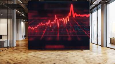 A digital graph displays a fluctuating red line on a grid background, representing data trends or measurements in a visually striking manner. Wall mural