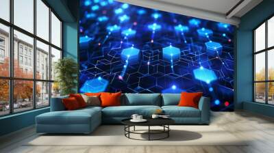 A digital technology background with blue connected hexagons Wall mural