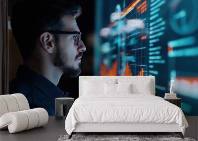 A focused individual analyzes data on a digital screen, displaying graphs and statistics that highlight trends and insights. Wall mural