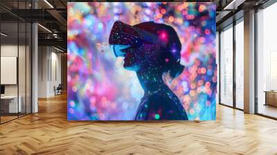 A futuristic digital landscape featuring a person wearing a VR headset with colorful light effects Wall mural