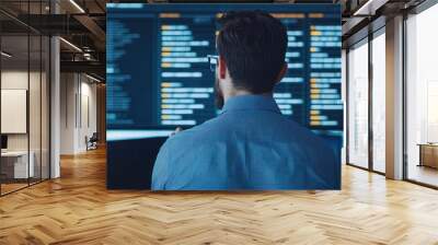 A professional looking at code on a large screen, immersed in work related to programming or data analysis. Wall mural