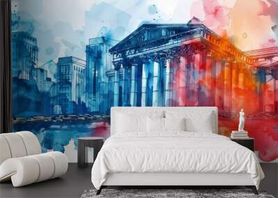 A vibrant watercolor illustration of a cityscape featuring classical architecture and colorful abstract splashes. Wall mural