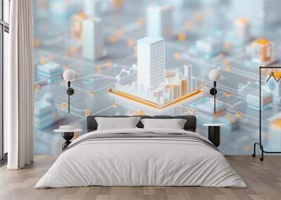 Abstract cityscape model featuring futuristic infrastructure and connected technology. Ideal for smart city and digital innovation concepts. Wall mural