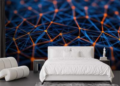 Abstract digital network design with blue and orange lines on a dark background. Wall mural