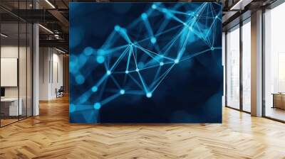 Abstract digital network with glowing blue lines and dots on a dark background. Wall mural