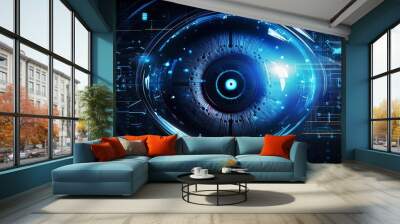 Detailed digital elements around futuristic eye scan, blue neon, close perspective Wall mural