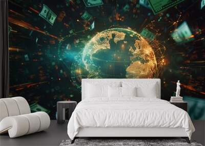 Global economy concept with money and communication devices centered around the globe Wall mural