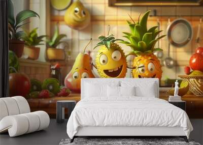 Illustrate a whimsical scene of anthropomorphic fruits engaging in culinary activities, rendered in a playful, cartoon style to convey the essence of fun and learning in the fruit cooking classes Wall mural