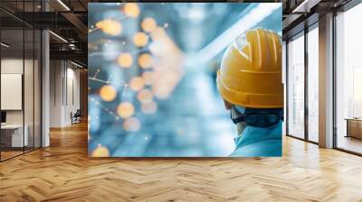 Industrial innovation, a safety-conscious worker in a yellow helmet observes a modern facility, digital connections symbolize technological advancements in manufacturing Wall mural