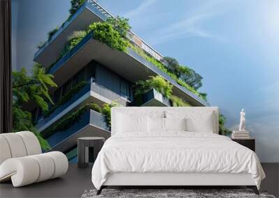 Modern, ecofriendly architecture with lush green plants on the building facade Wall mural