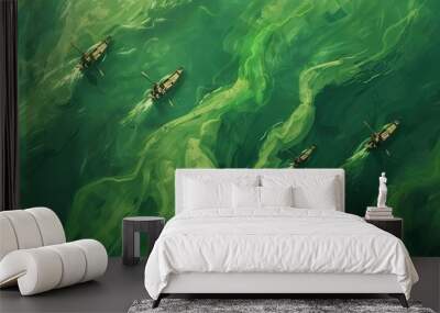 Serene aerial view of boats navigating through vibrant green waters, showcasing nature's beauty and tranquility. Wall mural