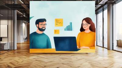 Two professionals discuss data insights while analyzing charts on a laptop. Ideal for business and teamwork themes. Wall mural