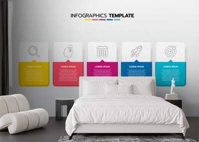 Business infographic template process with simple geometry square, rectangle, circle, triangle, curves in flat design template with thin line icons and 5 options or steps. Vector illustration. Wall mural