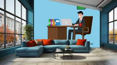 Businessman work very happy at the desk with fully energy. Flat vector illustration design of employee character working with the laptop computer. Wall mural