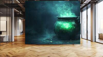 A cauldron filled with a glowing green potion on a dark creepy background Wall mural