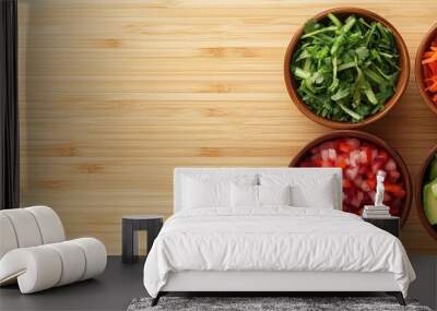 A vibrant vegan poke bowl with tofu, avocado, and pickled veggies against a bamboo backdrop Wall mural