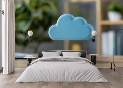 Blue cloud icon on a wooden base with blurred background. Wall mural