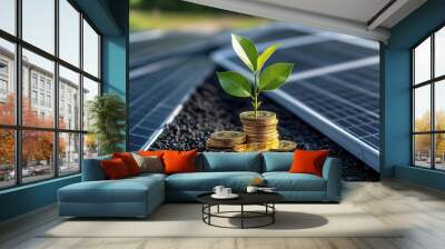 Digital financial chart intertwined with leaves and solar panels, symbolizing renewable finance, green investing, eco-friendly profit Wall mural