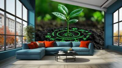 Financial portfolio with eco-tech symbols and a growing plant, symbolizing green investment strategies, eco-friendly finance, sustainable growth Wall mural